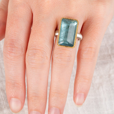 Faceted Aquamarine Ring in Sterling Silver and 18k Gold