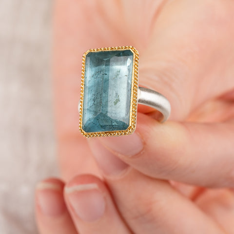Faceted Aquamarine Ring in Sterling Silver and 18k Gold