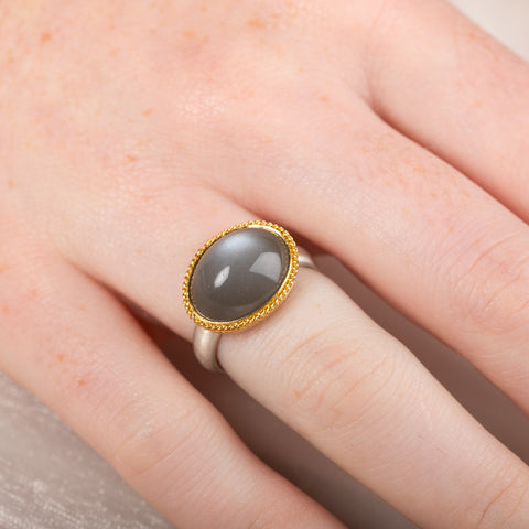 Grey Moonstone Ring in Sterling Silver and 18k Gold
