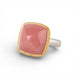 Gold and silver ring with pink guava quartz stone on a white background