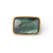 Gold and silver ring with a rectangular labradorite stone on a white background