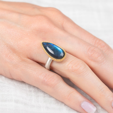 Labradorite Teardrop Ring in Sterling Silver and 18k Gold