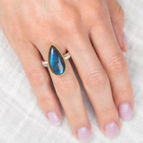 Labradorite Teardrop Ring in Sterling Silver and 18k Gold