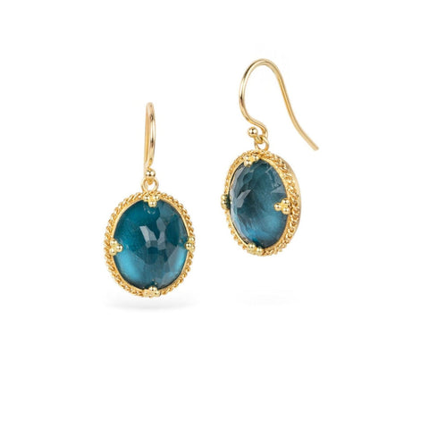 Gold earrings with london blue topaz gemstones on a white background