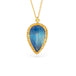 Gold necklace with a blue moonstone teardrop pendant on a white background