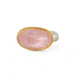 Ring with morganite stone, gold bezel and silver band on a white background