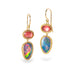 Gold earrings with colorful gemstones on a white background