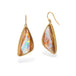 Gold-framed teardrop earrings with opalized wood stones on a white background