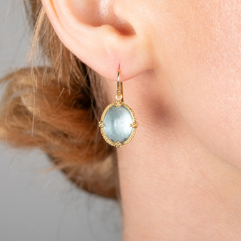 Gold earring with a light blue aquamarine gemstone worn by a person.