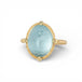 Gold ring with a blue aquamarine gemstone on a white background
