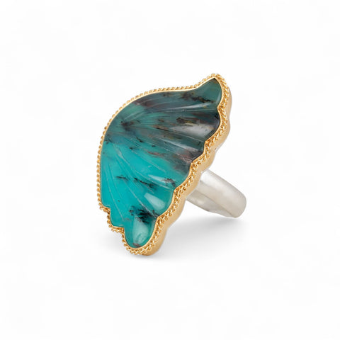 Peruvian Opal wing ring with gold bezel and silver band