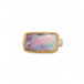 Ring with a boulder opal stone set in a gold bezel with a sterling silver band on a white background