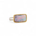 Ring with a boulder opal stone set in a gold bezel with a sterling silver band on a white background