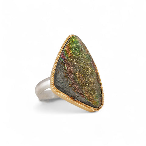 Rainbow Pyrite Druzy Ring in Sterling Silver and 18k Gold