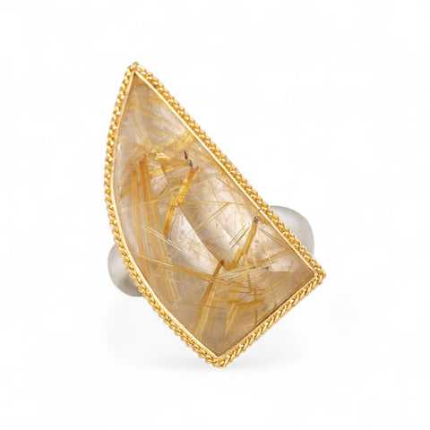 Rutilated quartz fine jewelry ring with an 18k gold bezel and sterling silver band
