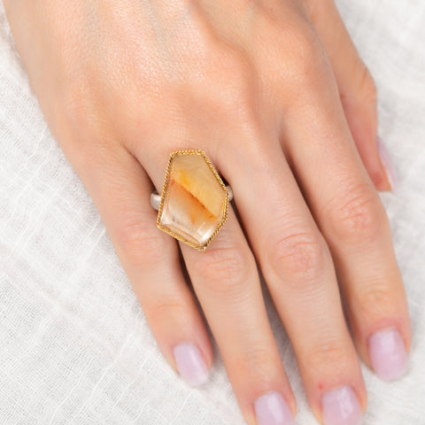 Rutilated Quartz Geometric Ring in Sterling Silver and 18k Gold