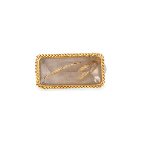 Handmade ring with rutilated quartz and 18k gold bezel and sterling silver band