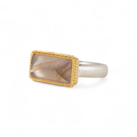 Handmade ring with rutilated quartz and 18k gold bezel and sterling silver band