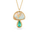 Gold necklace with a mushroom pendant featuring opal and emerald stones on a white background