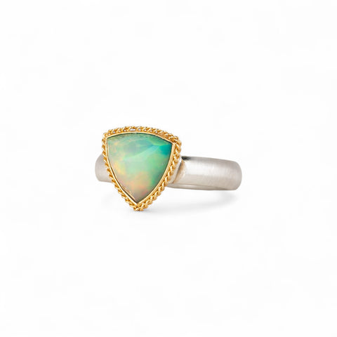 Ethiopian opal ring with 18k gold bezel and sterling silver band