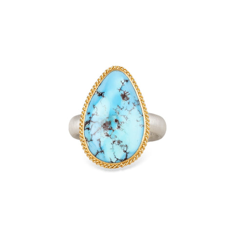 Turquosie teardrop ring with gold bezel and sterling silver ring