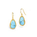 A pair of gold drop earrings featuring teardrop-shaped light blue turquoise stones with natural matrix veining, set in a textured gold bezel, on a clean white background.