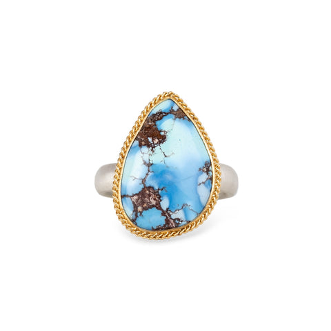 Turquoise teardrop ring with gold bezel and sterling silver band
