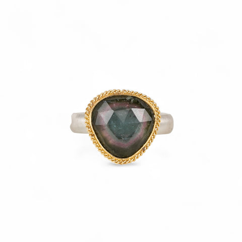 Handcrafted watermelon tourmaline ring with an 18k gold bezel and sterling silver band