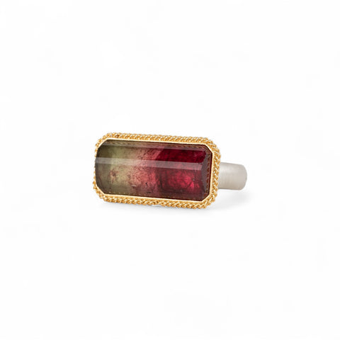 Watermelon tourmaline ring with gold bezel and silver band