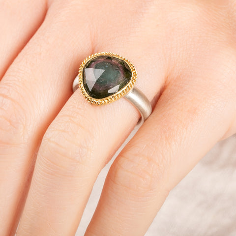 Handcrafted watermelon tourmaline ring with an 18k gold bezel and sterling silver band