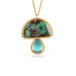Gold necklace with a mushroom pendant featuring boulder opal and aquamarine stones on a white background