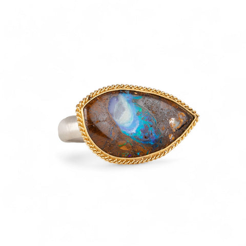 Yowah nut opal ring with an 18k gold bezel and sterling silver band