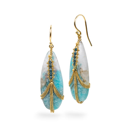 Draped Amazonite earrings with blue diamonds.