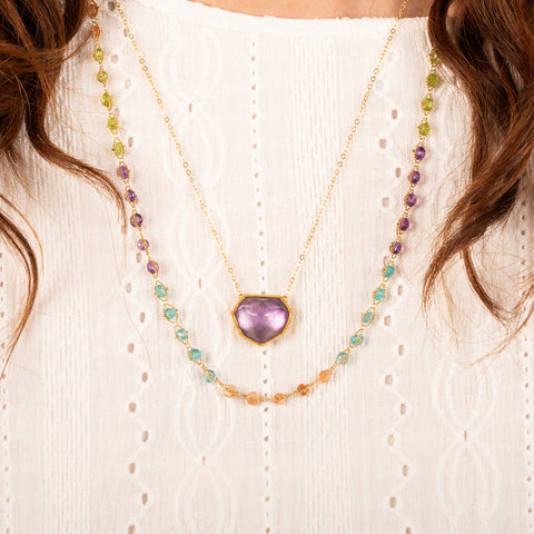 Amethyst necklace paired with woven necklace