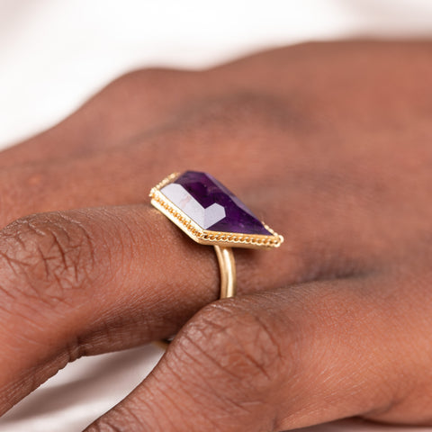 Amethyst ring side view on model