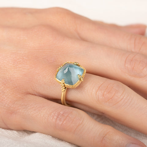 Gold ring with a light blue aquamarine gemstone on a hand against a neutral background