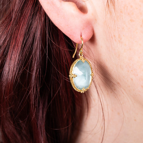 Aquamarine earrings on model 