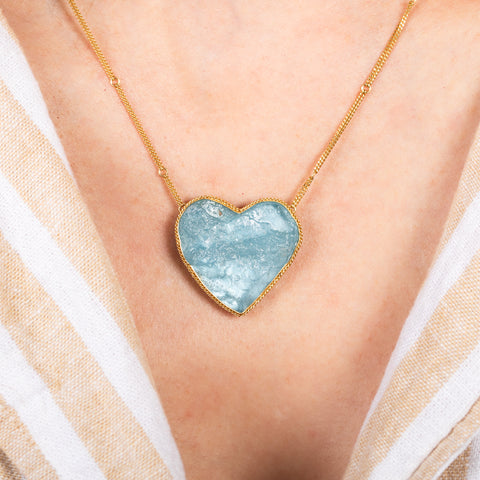 Heart shaped Aquamarine necklace on model