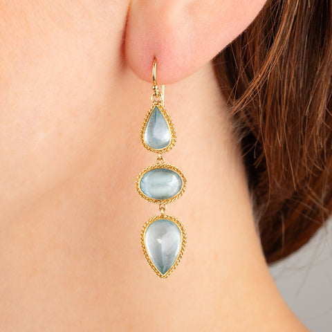 Aquamarine trio earrings on a model