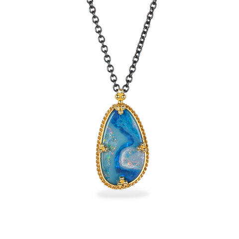 Australian Opal Doublet and gold pendant on oxidized chain