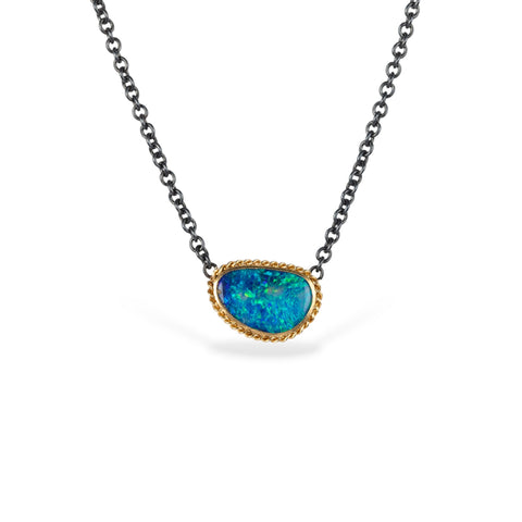 Australian opal doublet and gold pendant on oxidized silver chian