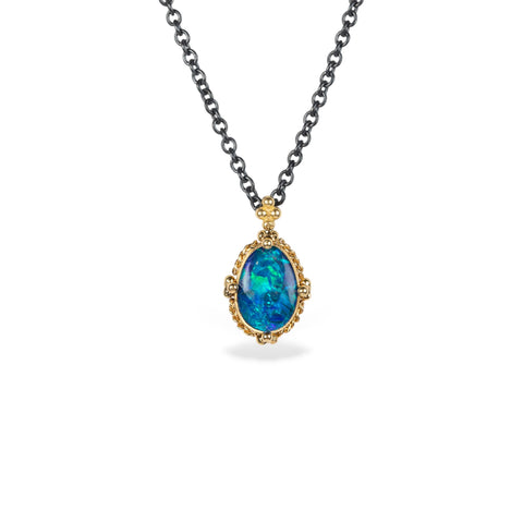 Australian opal doublet and gold pendant on oxidized silver chain