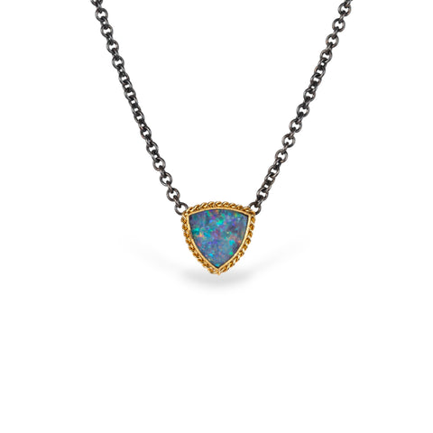 Australian opal doublet and gold pendant on oxidized chain necklace