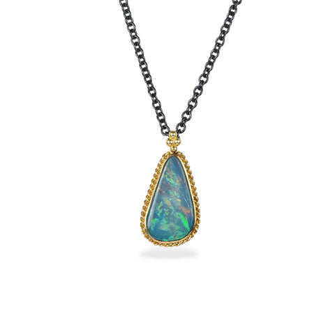 Australian opal doublet and gold on oxidized silver chain