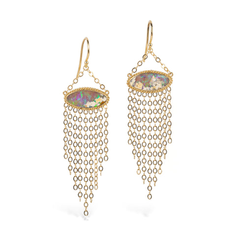 Handcrafted 18k gold earrings featuring one of a kind boulder opal gemstones and gold tassel adornments