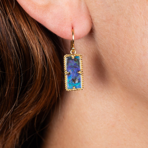 rectangular boulder opal earring on model different angle