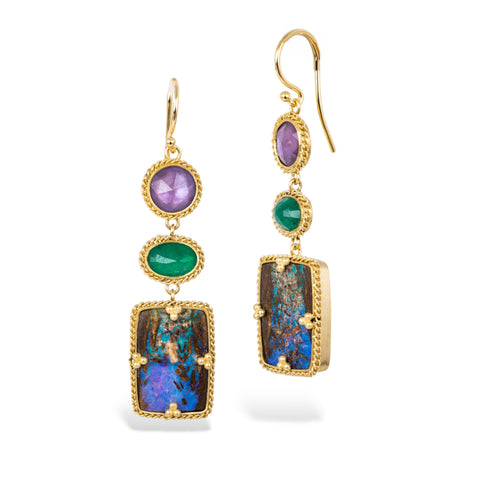 boulder opal earrings with emerald and  sapphire 