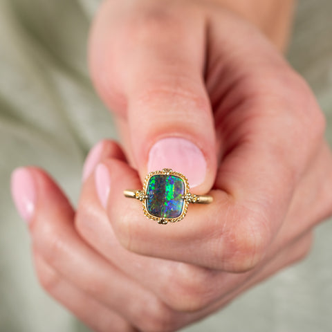 Boulder opal ring close up