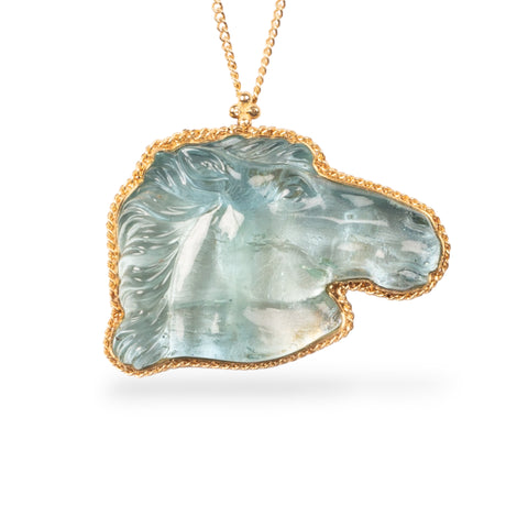 Carved aquamarine horse necklace
