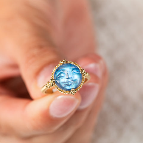 Carved Moonstone Moon Face Ring close up